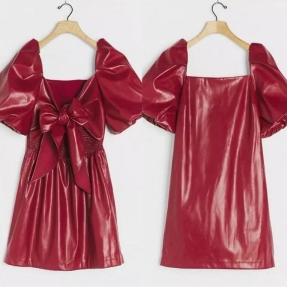 Anthropologie Dresses & Skirts - Anthropologie Faux Leather Red Mini Dress Bow-Back Detail Medium Holiday Festive